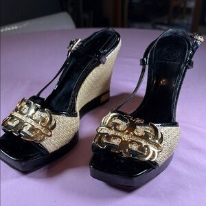 Tory Burch Black and Cream Wedge Sandals